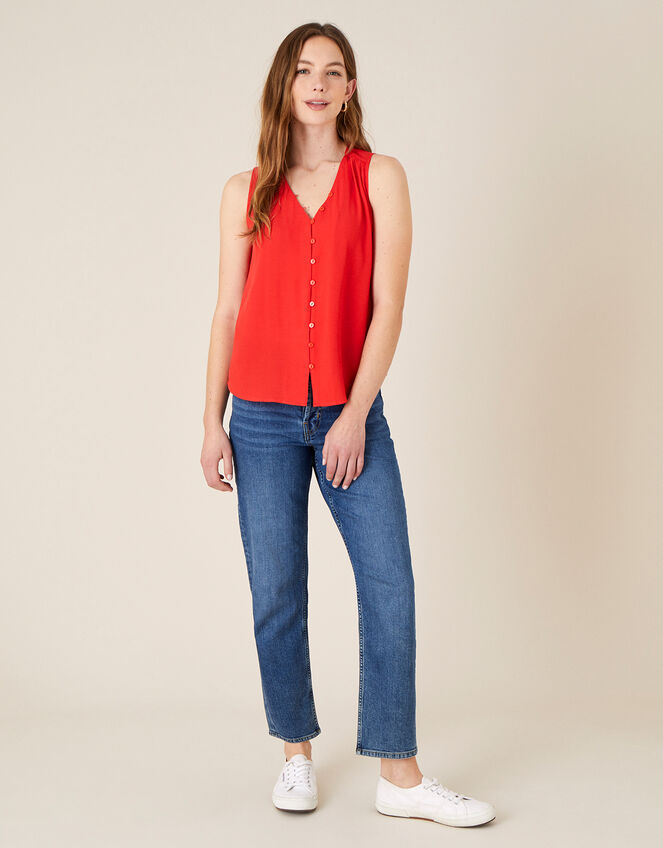 Button Front V-Neck Tank Top, Red (RED), large