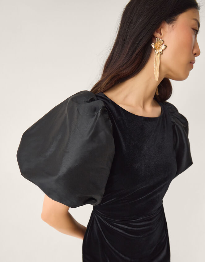 Sadie Puff Sleeve Velvet Midi Dress, Black (BLACK), large