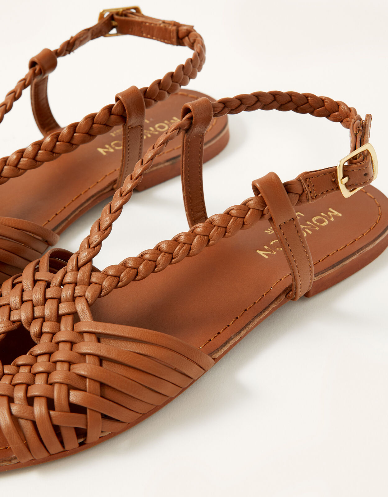 Plait Detail Leather Flat Sandals Tan