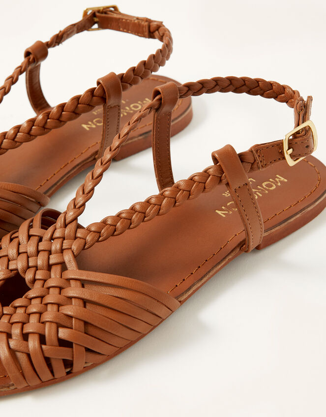 Plait Detail Leather Flat Sandals, Tan (TAN), large