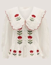 Talia Tulip Embroidered Scallop Collar Top, White (WHITE), large