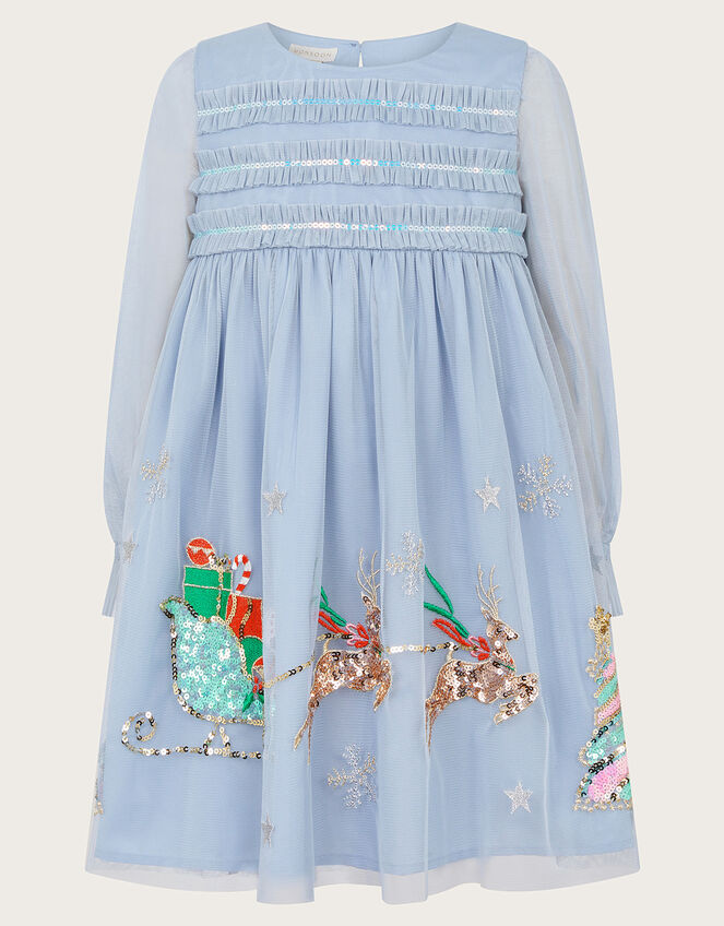 Sequin Christmas Scene Trapeze Dress, Blue (BLUE), large