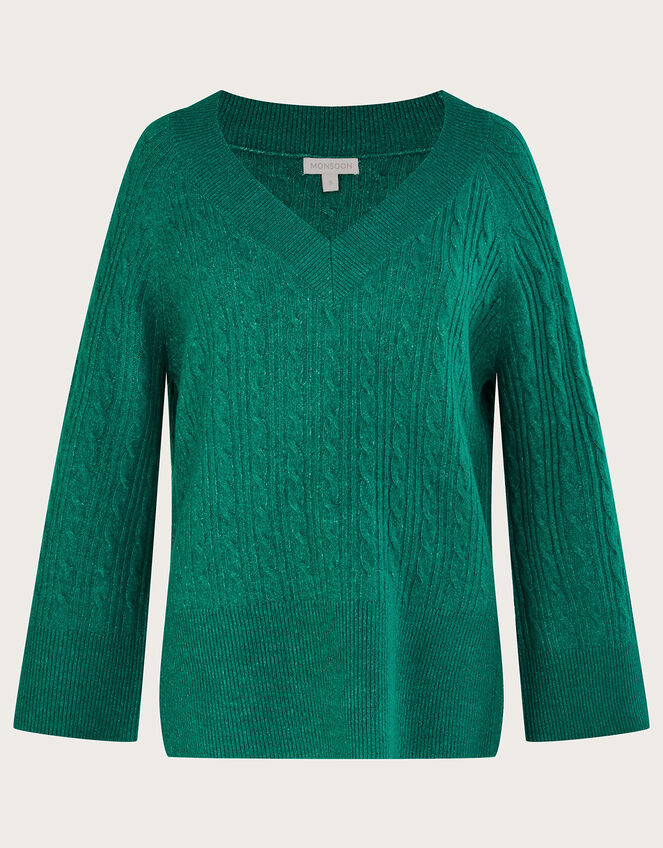 V-Neck Cable Longline Jumper with Recycled Polyester , Green (GREEN), large