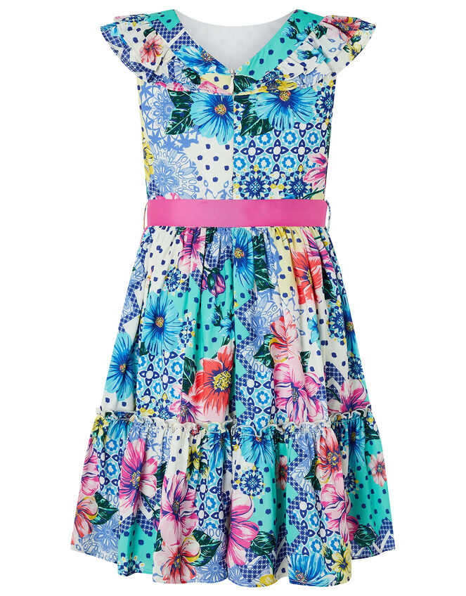 Blue Flower and Polka-Dot Tiered Dress, Blue (BLUE), large