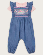 Baby Chambray Embroidered Romper, Blue (BLUE), large