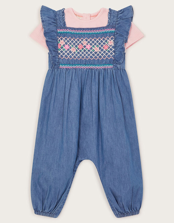 Baby Chambray Embroidered Romper, Blue (BLUE), large
