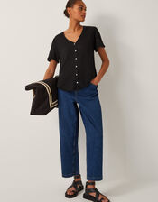 Imogen Button-Front Linen T-Shirt, Black (BLACK), large