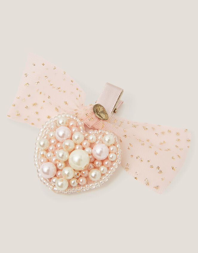 Pearl Heart Bow Hair Clip, , large