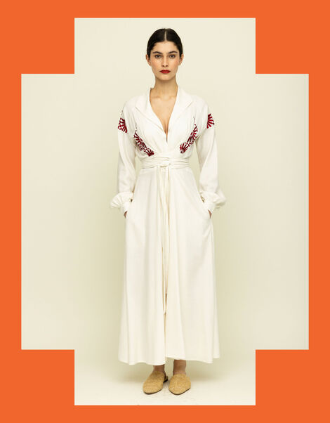 Tallulah & Hope Mitzi Embroidered Wrap Dress, Camel (OATMEAL), large