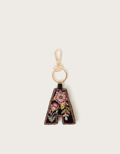 Embellished Floral Initial Keyring, Black (BLACK), large