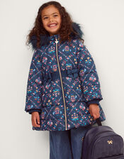 Floral Print Bow Puffer Coat, Blue (NAVY), large