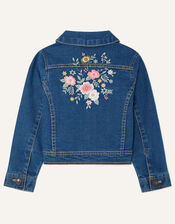 Embroidered Flower Denim Jacket, Blue (BLUE), large