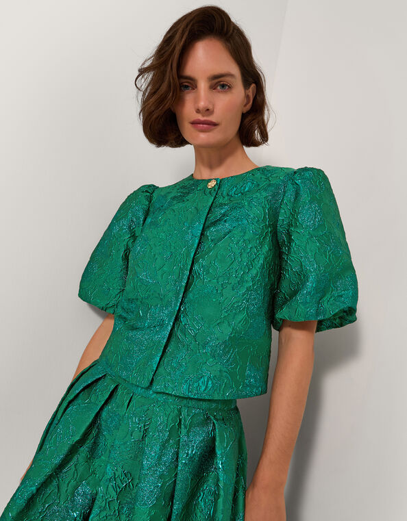 Jolene Jacquard Puff Sleeve Jacket, Green (GREEN), large