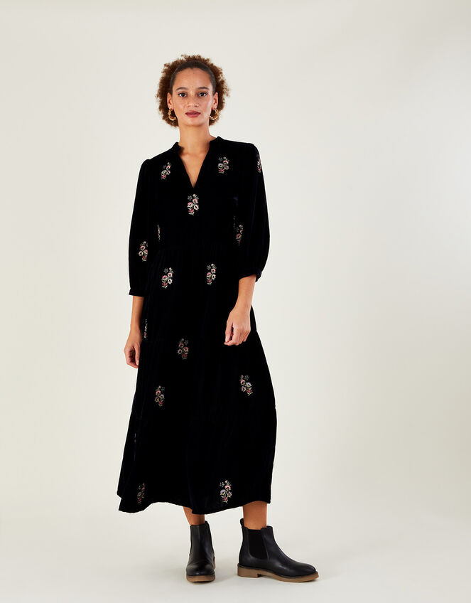 Amber Embroidered Tiered Velvet Dress, Blue (MIDNIGHT), large