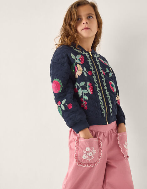 Floral Embroidered Quilted Bomber Jacket, Blue (NAVY), large
