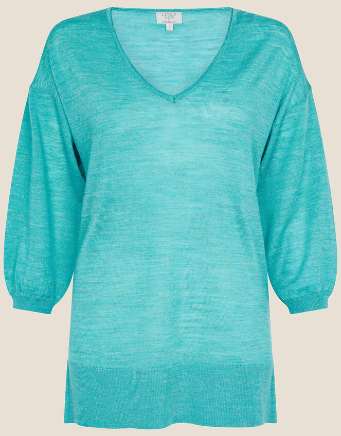 V Neck Longline Belted Sweater in Linen Blend, Blue (TURQUOISE), large