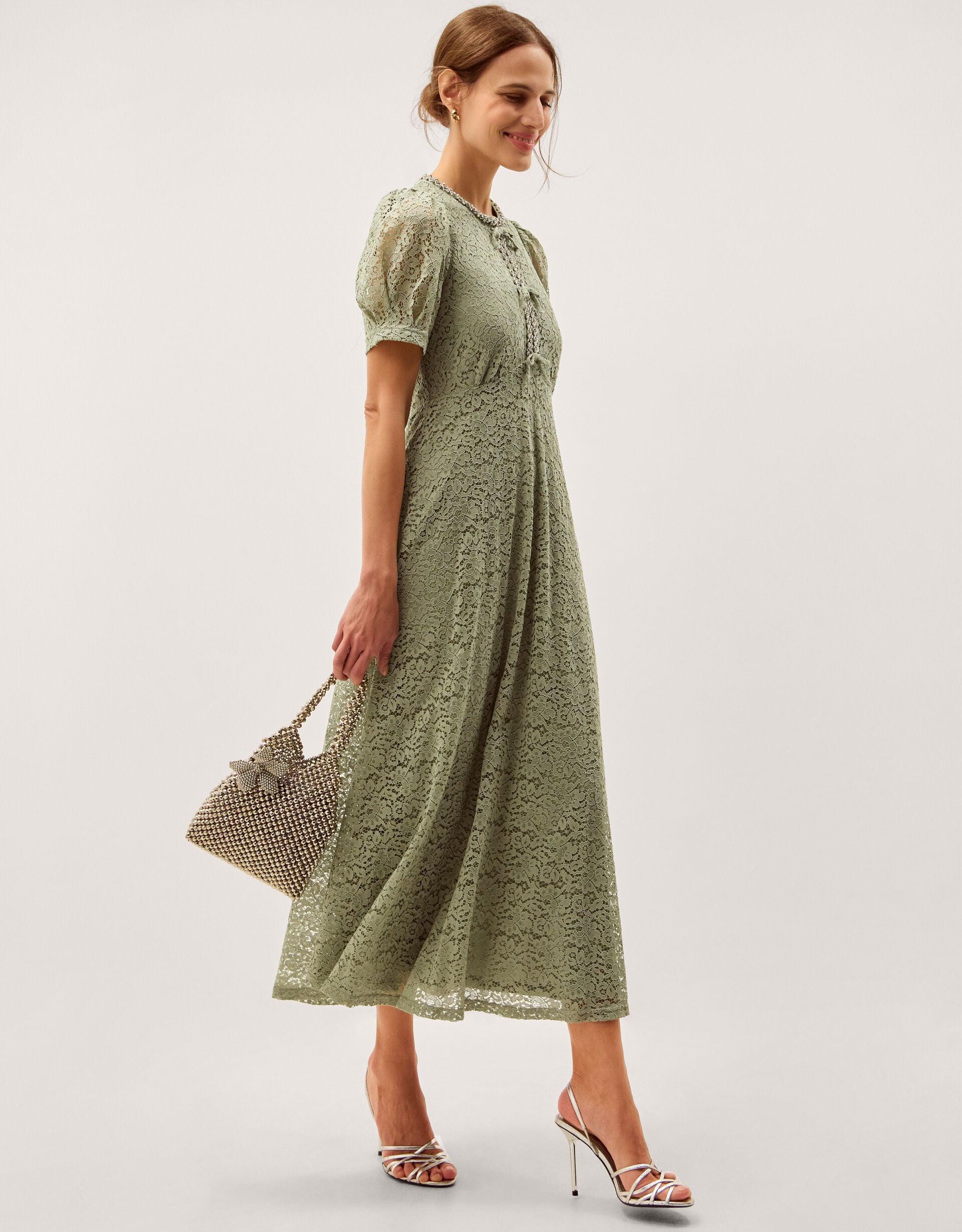 Celina Puff Sleeve Lace Midi Dress Green | Evening Dresses