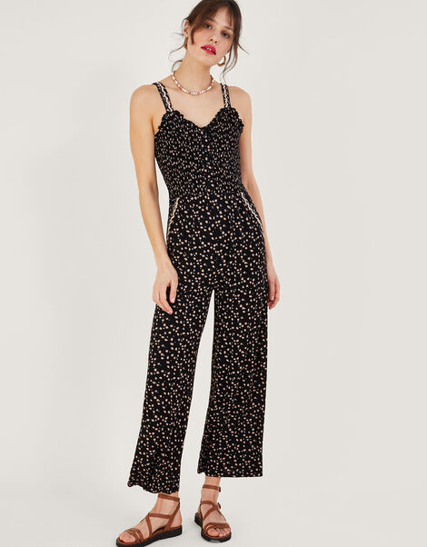 Dot Print Shirred Jumpsuit in LENZING™ ECOVERO™, Black (BLACK), large