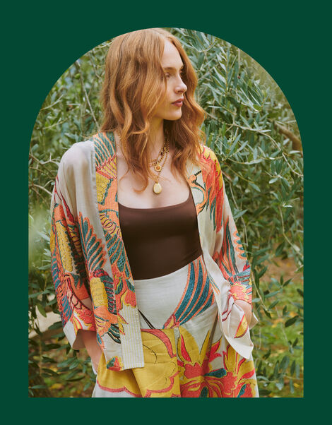 One Hundred Stars Crane Print Kimono Jacket, Natural (STONE), large