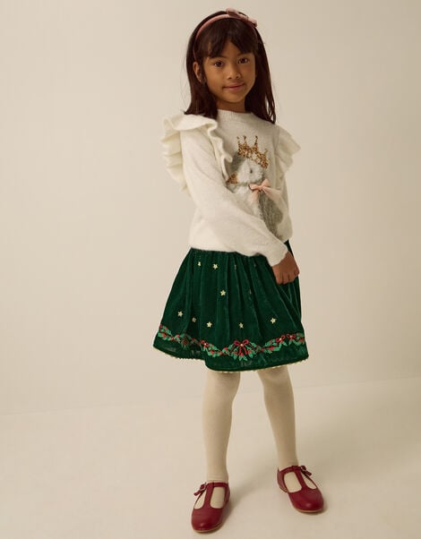 Christmas Wreath Embroidered Velvet Skirt, Green (GREEN), large
