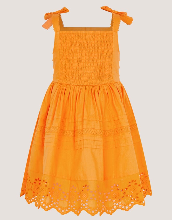 Broderie Pleated Cotton Dress, Orange (ORANGE), large
