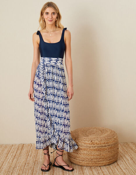 Printed Wrap Hem Skirt Blue, Blue (NAVY), large