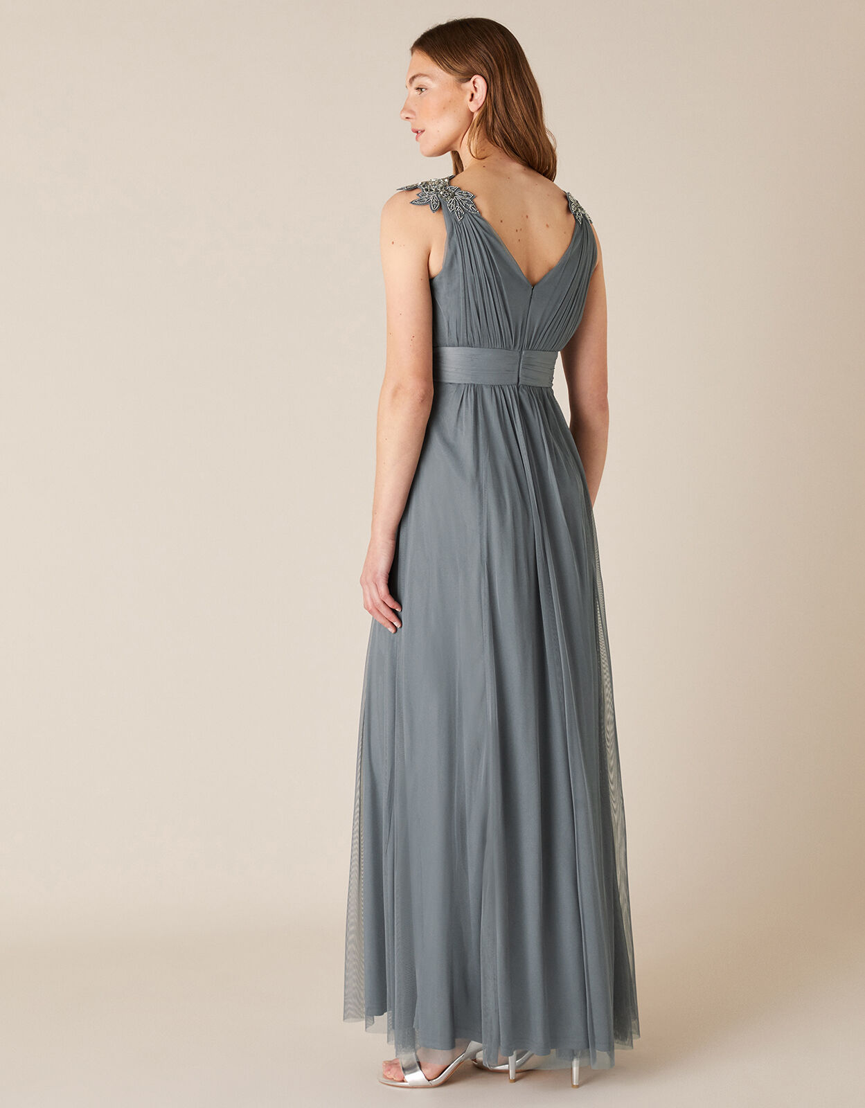 grey chiffon embellished maxi dress