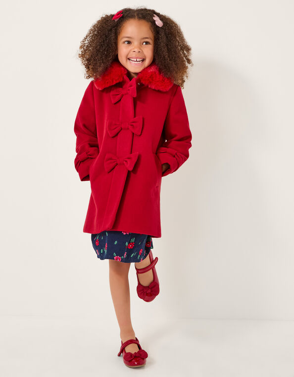 Faux Fur Collar Bow Coat, Red (RED), large