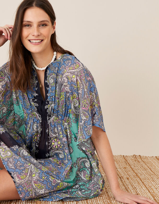 Bright Paisley Print Kaftan in Organic Cotton , Blue (BLUE), large