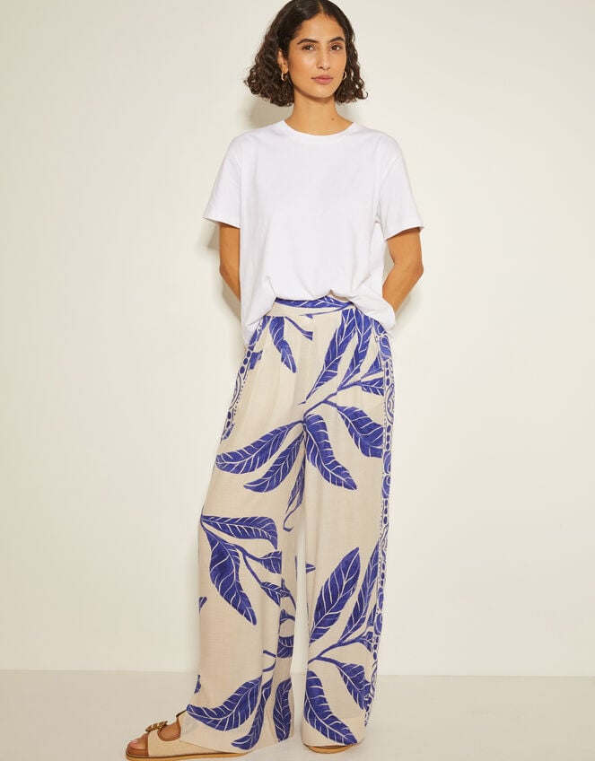 Dinah Leaf Print Trousers, White (WHITE), large
