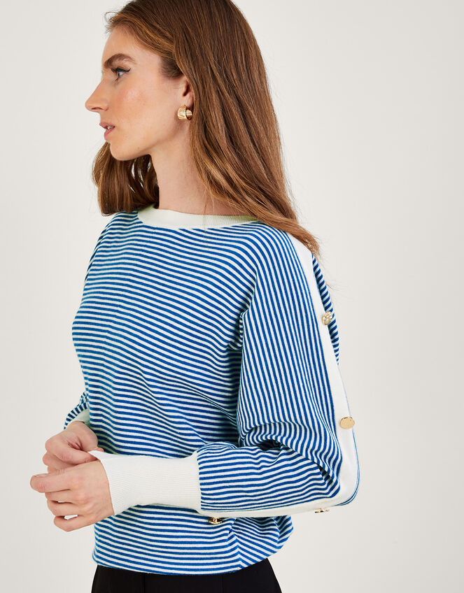 Nautical Button Detail Stripe Button Jumper, Blue (BLUE), large