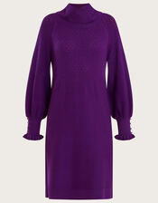 Cowl Neck Knitted Rib Dress, Purple (PURPLE), large
