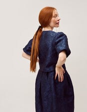 Juliana Floral Jacquard Puff Sleeve Jacket, Blue (NAVY), large