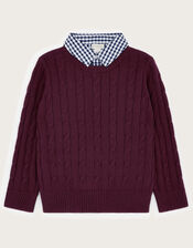 2-in-1 Cable Knit Jumper with Collar, Red (BURGUNDY), large