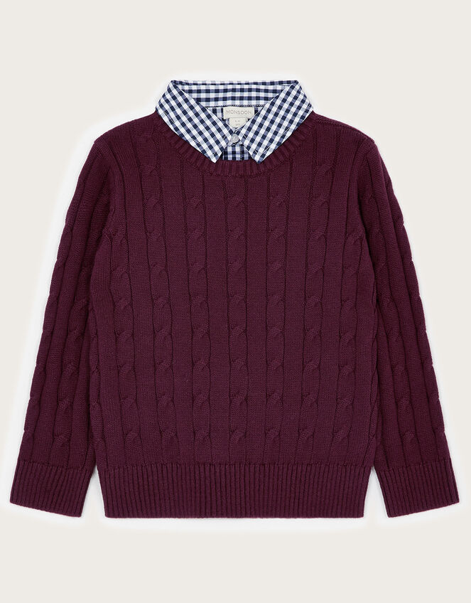2-in-1 Cable Knit Jumper with Collar, Red (BURGUNDY), large