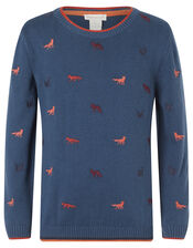 Embroidered Fox Knit Jumper in Organic Cotton, Teal (TEAL), large