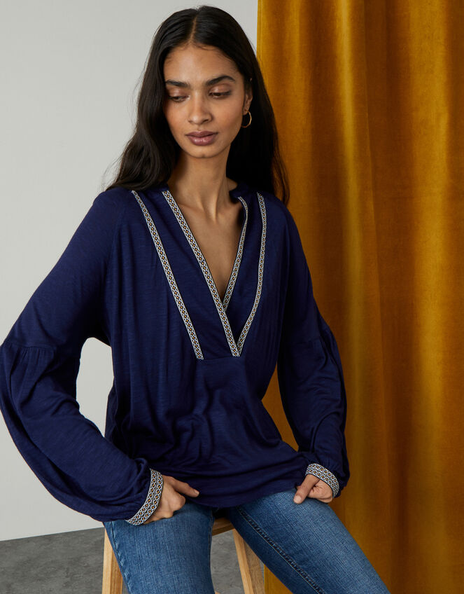 Longline Tape Pullover Top, Blue (NAVY), large