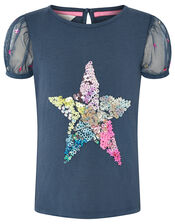 Sequin Star Puff Sleeve Top, Blue (NAVY), large
