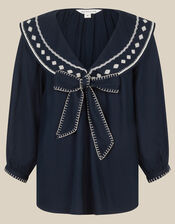 Lila Embroidered Sailor Collar Top, Blue (NAVY), large