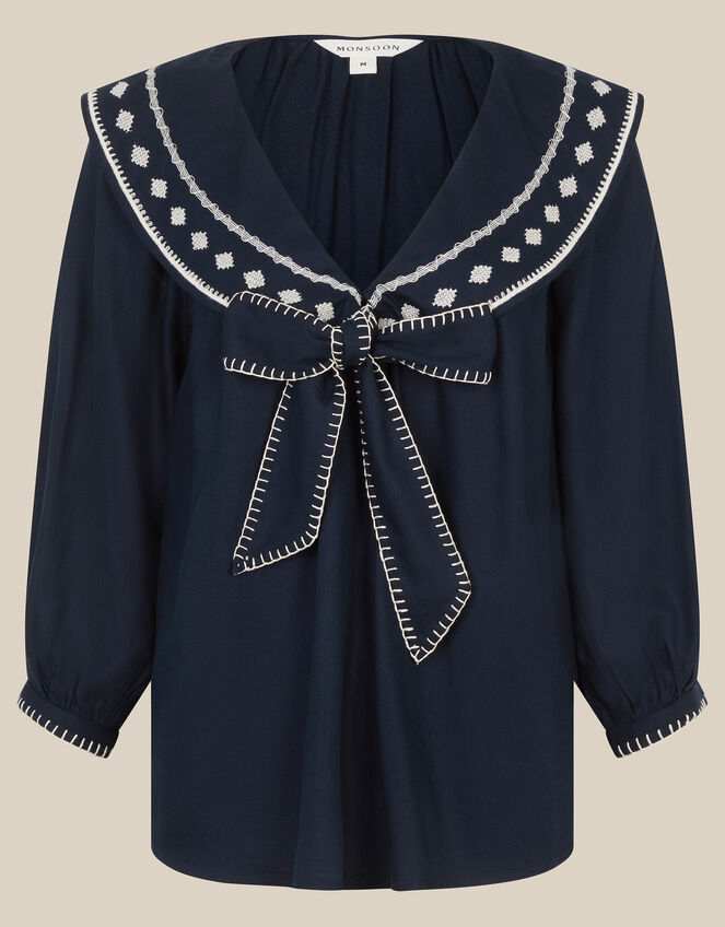 Lila Embroidered Sailor Collar Top, Blue (NAVY), large