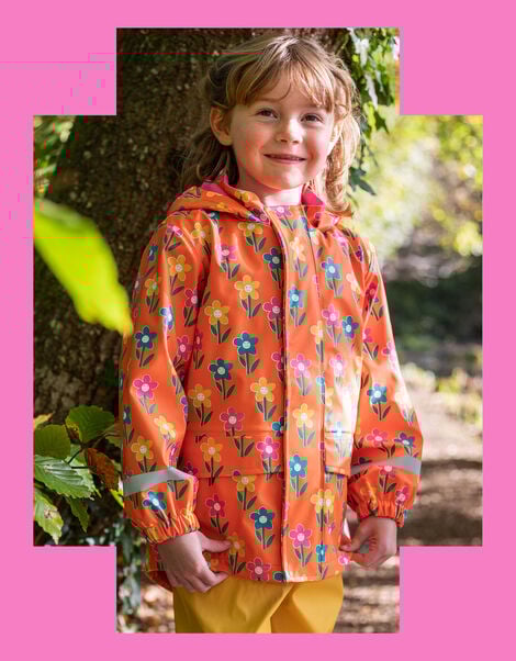 Frugi Floral Puddle Buster Raincoat, Orange (ORANGE), large