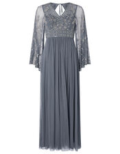 Fleur Embellished Flared Sleeve Maxi Dress, Blue (BLUE), large