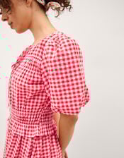 Mel Puff Sleeve Gingham Midi Dress, Red (RED), large