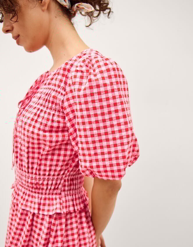 Mel Puff Sleeve Gingham Midi Dress, Red (RED), large