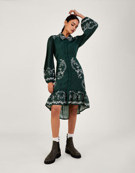 Riley Embroidered Short Shirt Dress in Recycled Polyester Green, Green (GREEN), large