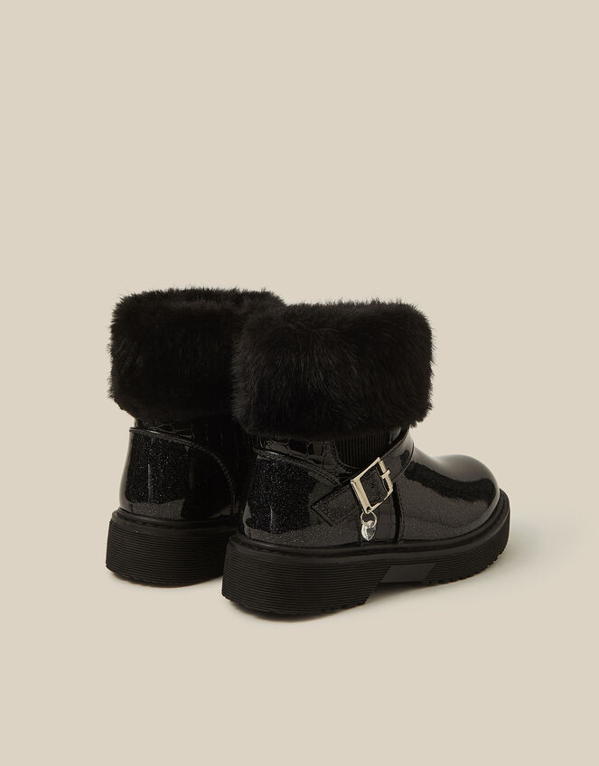 Faux Fur Glitter Patent Boots, Black (BLACK), large