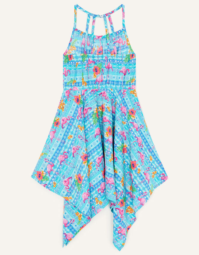 Flamingo Print Strappy Dress, Blue (TURQUOISE), large