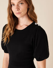 Button Detail Puff Sleeve Dress, Black (BLACK), large