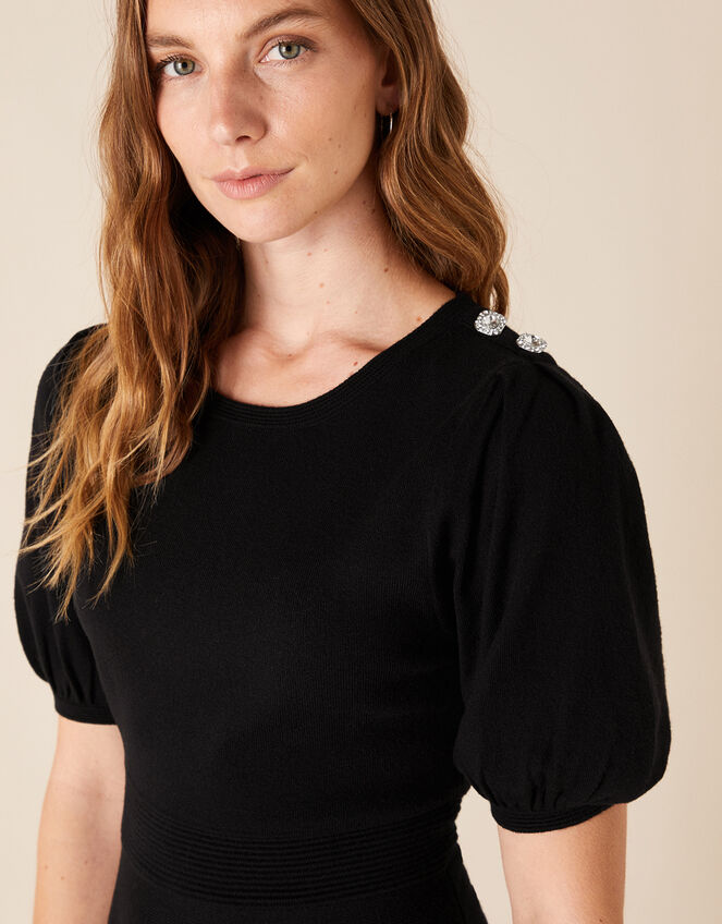 Button Detail Puff Sleeve Dress, Black (BLACK), large