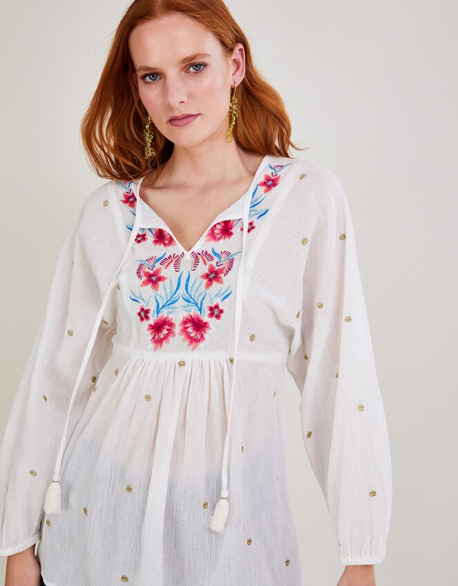 Embroidered Long Sleeve Tunic Top in Sustainable Cotton, White (WHITE), large